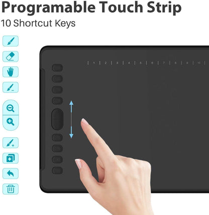 HUION Inspiroy H1161 Graphics Drawing Tablets, Touch Strip and 8192 Pen Pressure Sketch Tablet with Battery-Free Stylus,10 Shortcut Keys, Compatible with Android, Windows, and Mac Black