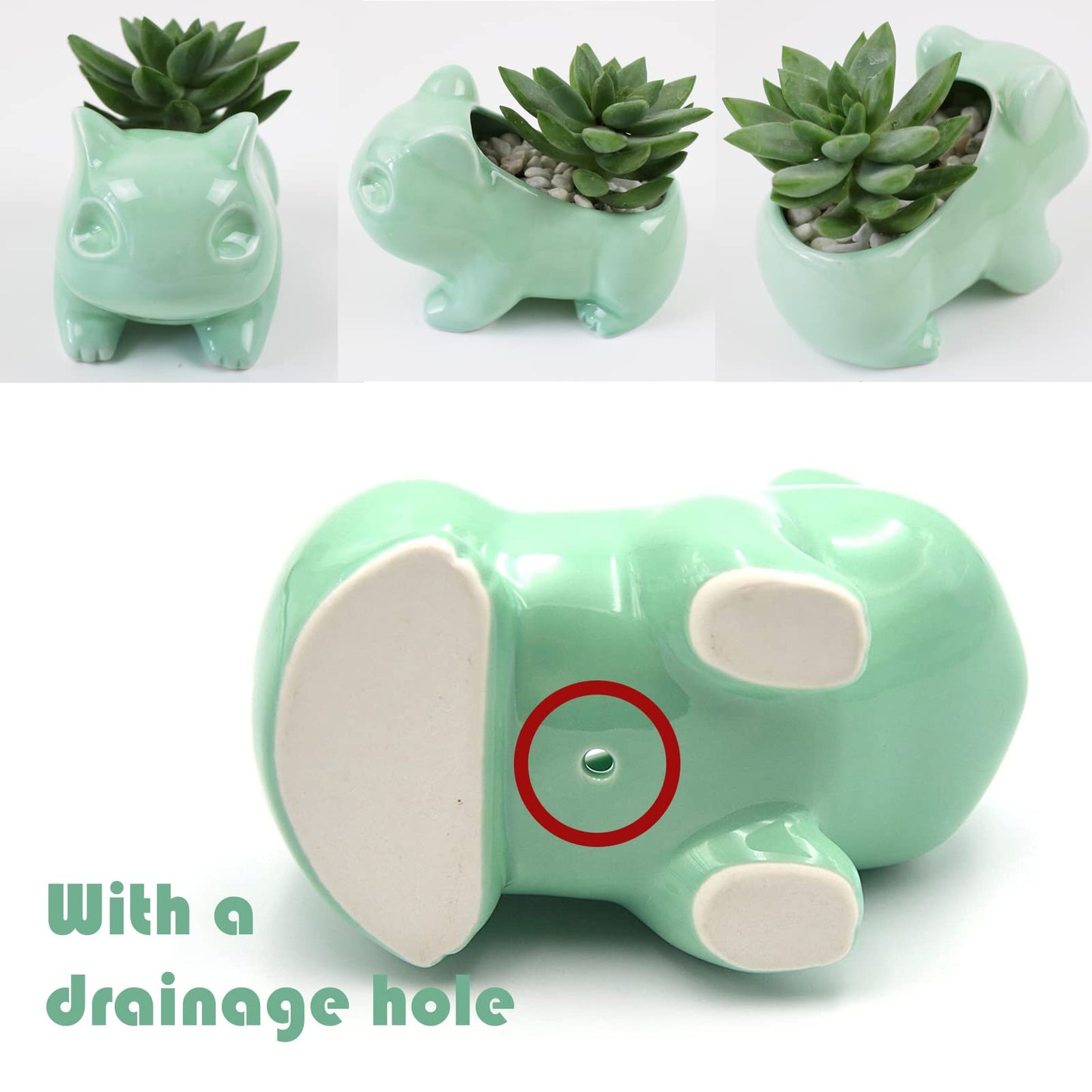 Pinsjar Cartoon Ceramic Flowerpot Glazed Pottery Succulent Pot Cute Planter Ceramic Art Vase Animal Shaped Green with Hole