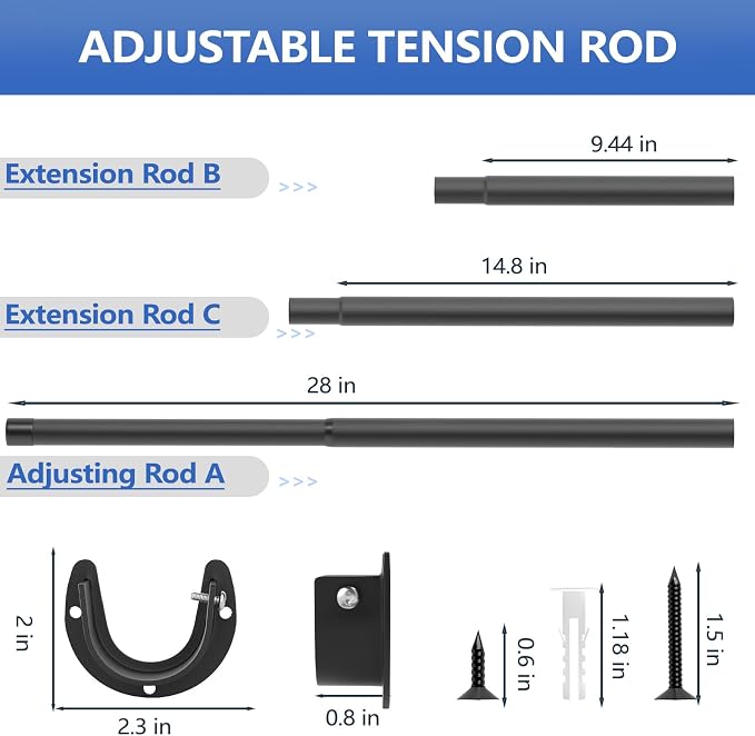 SUTINE Closet Rods for Hanging Clothes, 17 to 53 Inch Closet Rod, Heavy Duty Adjustable Clothes Hanging Bar Rod Matte Black Closet Poles for Wardrobes, Closet, Bathroom, Windows,1.3 Inch Diameter