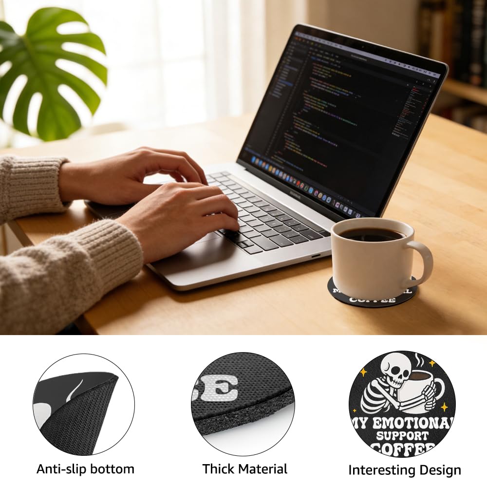 UWXQOJ Emotional Support Coffee Coasters Set of 2, Cute Skeleton Mug Rug Coaster for Drinks Mug Coffee Cup Tumbler, Gothic Drink Coaster for Office Home, Cup Mat for Coworker Friends