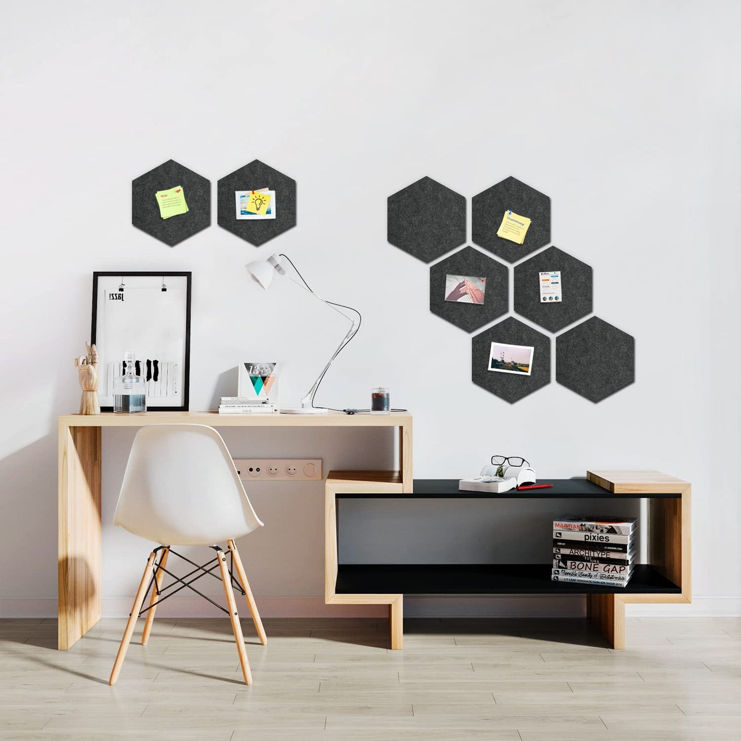 Uoisaiko 12" Large Bulletin Board with 30 Push Pins, Pack of 8 Hexagon Felt Pin Board Notice Boards for Home Office Kitchen, Felt Wall Tiles for Photos Memos
