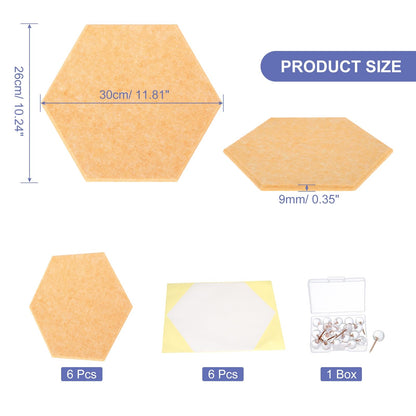 PATIKIL Felt Bulletin Board, 12"x10", 6 Packs Self Adhesive Hexagon Felt Tiles for Sound Proofing Wall Panels for Home Office Recording Studio,Game Room, Gold