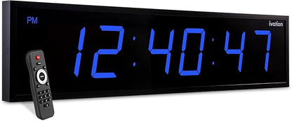 Ivation Huge Oversized 72" Large Digital LED Clock | Big Digital Clock w/Multi-Function Display – Stopwatch, Timer, Alarms, Temp & Date | 6 Brightness Levels, Time Memory & Remote (Blue)
