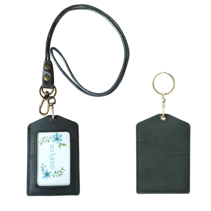Badge Holder Vertical Handmade Leather ID Card Badge Holder Keychain with Heavy Duty Lanyard for Men Women (Black Leather)