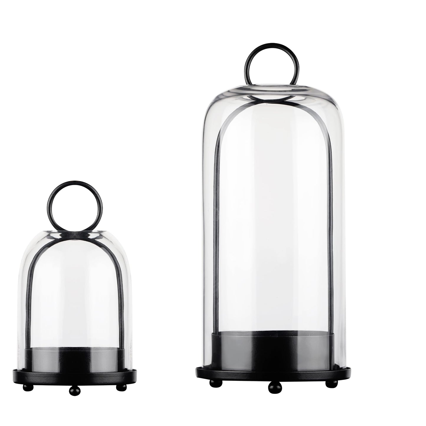 5" & 4" Wide Versatile Metal Candle Holder in Black with Handmade Thick, Heavy & Sturdy Glass Dome for Pillar Candle, Industrial, Modern, Shelf, Mantel, Veranda, Porch (Black, Large & Small)