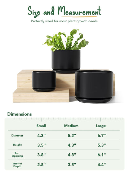 LE TAUCI Ceramic Plant Pots, 4.3+5.3+6.8 inch, Set of 3, Planters with Drainage Hole and Saucer, Indoor Flower Pot with Hole Mesh Pad, Gifts for Mom, Black