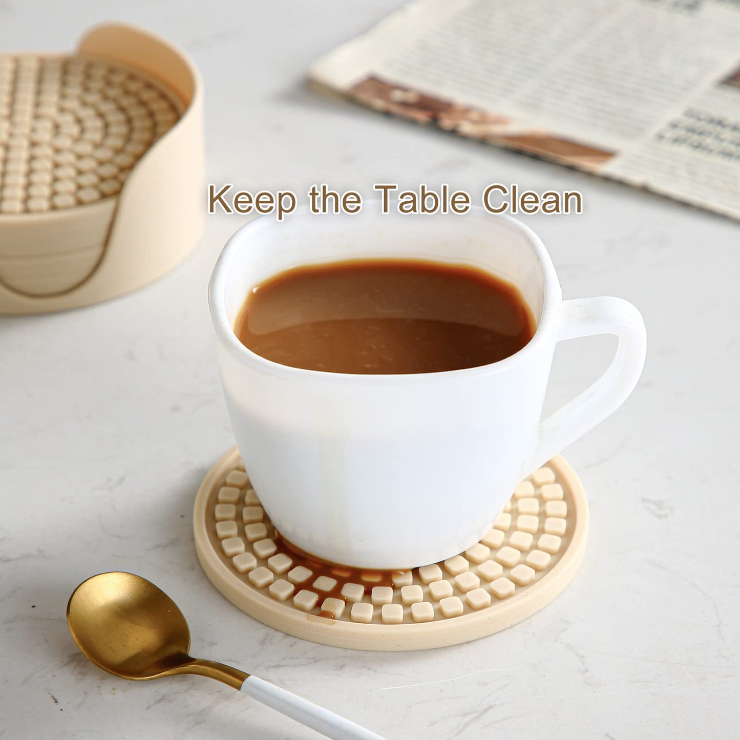 Colinda Silicone Drink Coasters with Holder, Set of 6, Outdoor Cup Mat for Hot or Cold Drinks, Thickened, Non-Slip,Non-Stick, Black