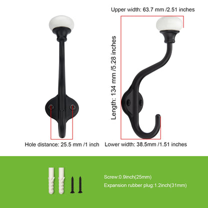 CHIVS Coat Hooks- 5 Pack Matte Black Wall Hooks, Ceramic Coat Hooks, Decorative Wall Mounted Towel Hanger, zinc Double Prong Hook for Hanging Clothes, Keys, Hats, Backpacks