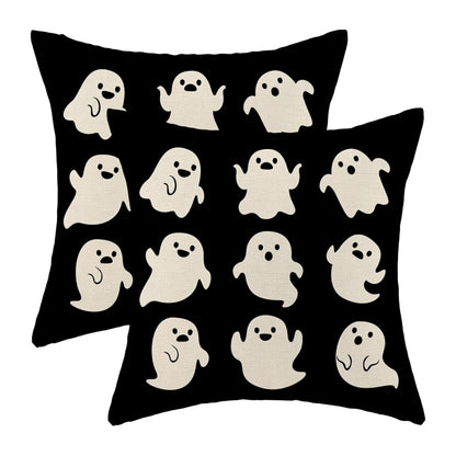 Sorktse Halloween Pillow Covers 18 x 18 Inch Set of 2 Cute White Ghost Throw Pillows Outdoor Decorative Holiday Black Pillowcases Linen Cushion Cases for Farmhouse Home Bed Sofa Couch