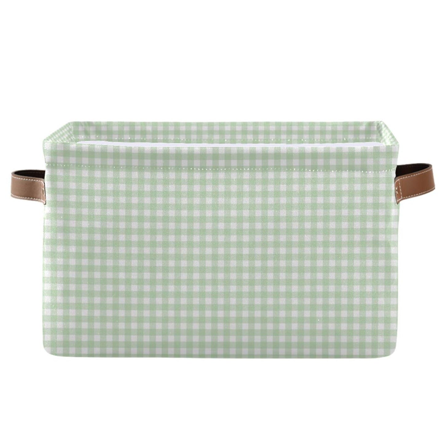 JUZIHAI Green Gingham Checkered Storage Basket, Collapsible Canvas Storage Organizer Bins with Handles for Toys Clothes Closet Shelves Nursery Office, 14.2x10.2x8.3 in