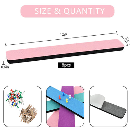 Vuzvuv 8 pcs Bulletin Board Bar Strips with 50 Pushpins & 10 Wooden Clip pins，Self Adhesive Cork Board for Wall，Felt Pin Board for School，Office Decor(Green Blue Pink Purple)