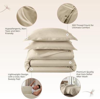 100% Organic Cotton Duvet Cover Queen Size - Naturally Soft Lightweight & Cooling Duvet Cover Set with Decorative Shams - Premium GOTS Certified 300 Thread Count Sateen Weave (Dune, Queen)