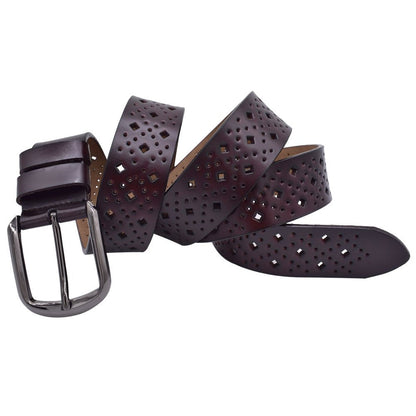 VONSELY Hollow Leather Belts for Women, Soft Leather Womens Belts with Pin Buckle (1.5" Wide Coffee)