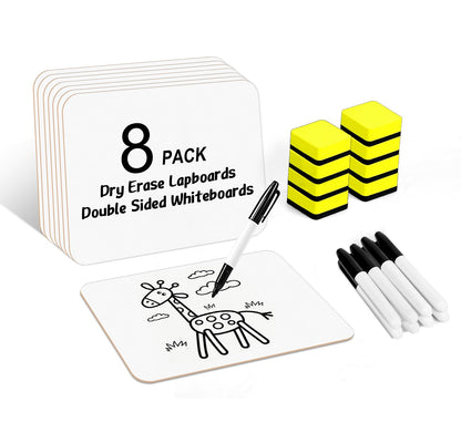 Dry Erase Lapboards, HERKKA 8 Pack Double Sided Dry Erase Lap Boards 9 x 12.5 Inch, 8 Markers, 8 Erasers, Small Dry Erase Boards for Classroom Supplies