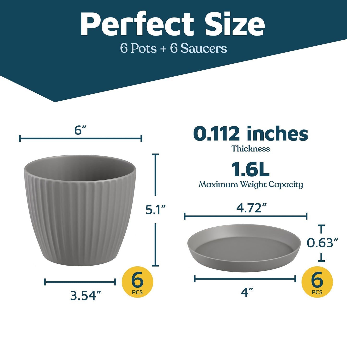 Gray 6-Inch Plant Pots with Drainage & Saucers 6 Pack, Indoor & Outdoor Planters for Houseplants, Herbs, and Flowers, Durable & Weatherproof Material, Stackable, Lightweight, Minimalist Design