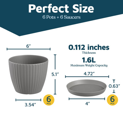 Gray 6-Inch Plant Pots with Drainage & Saucers 6 Pack, Indoor & Outdoor Planters for Houseplants, Herbs, and Flowers, Durable & Weatherproof Material, Stackable, Lightweight, Minimalist Design