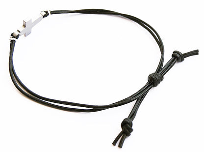 BeGenuine Store Mens Cross Bracelet Genuine Leather and Stainless Steel Sideways Cross Charm Adjustable Unisex Model