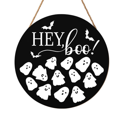 Hey Boo Sign 12x12 Inch Halloween Wreaths for Front Door Halloween Ghost Wood Door Hanger Black Boo Sign Farmhouse Holiday Decorations Wall Hanging Plaque for Trick or Treat Party Inside Outside