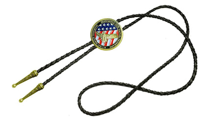 Moranse Bolo Tie with Fluttering American Flag Patriot Style Genuine and Cowhide Rope