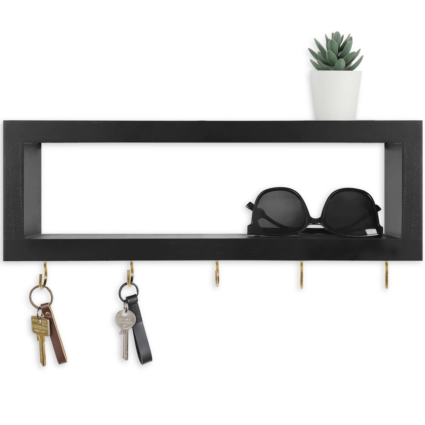 Lwenki Wall Shelf with Hooks - Decorative Key and Wallet Holder for Wall Holds Sunglasses, Leashes, Scarves and Lanyards - 15.7" x 5.1" x 2.9" Entryway Organizer Made of Paulownia Wood (Black)