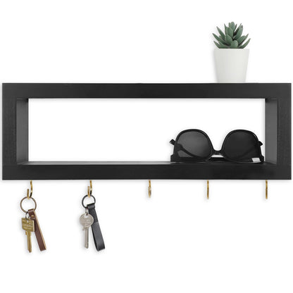 Lwenki Wall Shelf with Hooks - Decorative Key and Wallet Holder for Wall Holds Sunglasses, Leashes, Scarves and Lanyards - 15.7" x 5.1" x 2.9" Entryway Organizer Made of Paulownia Wood (Black)