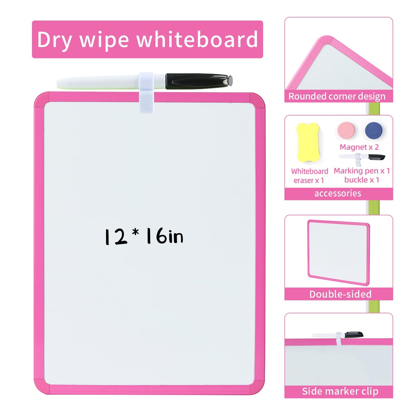 MXG Double Sided Pink Dry Erase Board, 12x16 Inch Small White Board with Marker, Magnets, Eraser, for Coaches, Students, Kitchen, Portable Mini Whiteboard for Fridge, Wall, Desk