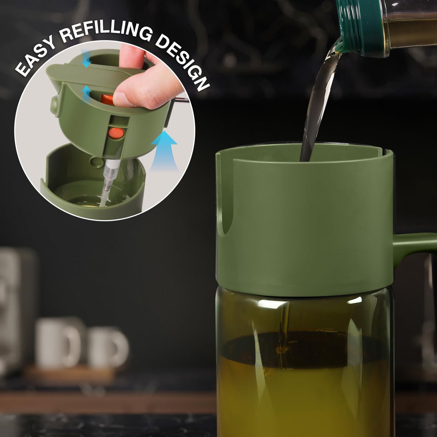 2-IN-1 500ml/17oz Light-Blocking Dark Oil Sprayer for Cooking with Sticker, Dark Green Glass Olive Oil Dispenser Bottle for Kitchen, Even Spray with Portion Control, Perfect for Air Fryer, BBQ - Black
