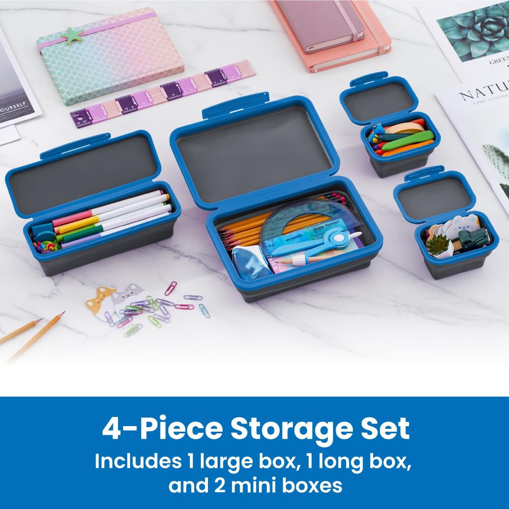 LockerMate by Bostitch Flexi Storage Box 4 Piece Kit, Collapsible Pencil Case Design for Craft and School Supplies, Gray/Blue