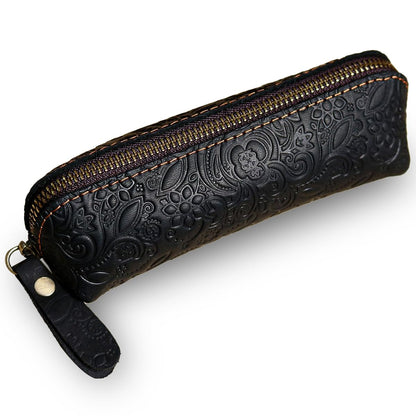 XQIGI Vintage Leather Pen Case, Handcrafted Genuine Leather Zippered Fountain Pen Pouch, Flower Makeup Holder Stationery Bag for Men and Women(Black)
