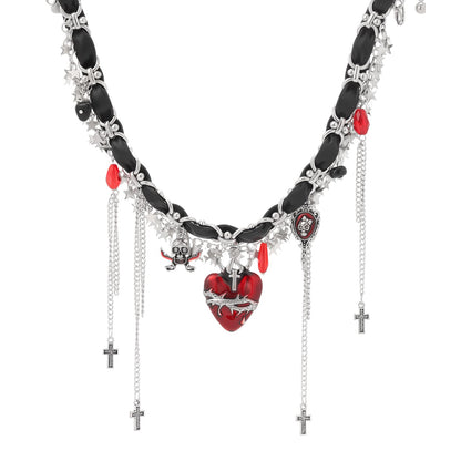 Thalireth Goth Vampire Heart Necklace Spooky Gothic Skeleton Cross Y2k Star Tassel Leather Choker Chunky Statement Necklace for Women Halloween