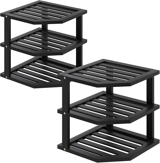 VERTORGAN 3 Tier Bamboo Corner Shelf(2 Pack),Dish Drying Rack,Plate Organizer,Kitchen Spice Rack for Countertop and Cabinet(Black)