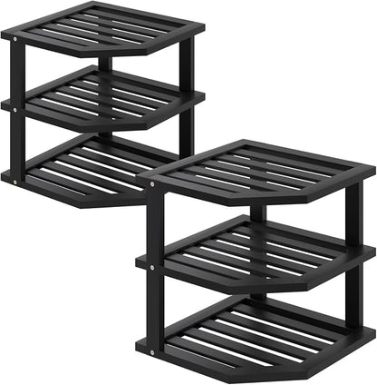 VERTORGAN 3 Tier Bamboo Corner Shelf(2 Pack),Dish Drying Rack,Plate Organizer,Kitchen Spice Rack for Countertop and Cabinet(Black)