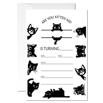 ZYQFN 20 Black Cat Birthday Invitations for Girls Boys Kids Adult with Envelopes - 4x6 Inch Kitten Card, Cute Pet Themed Party Invites. (030)