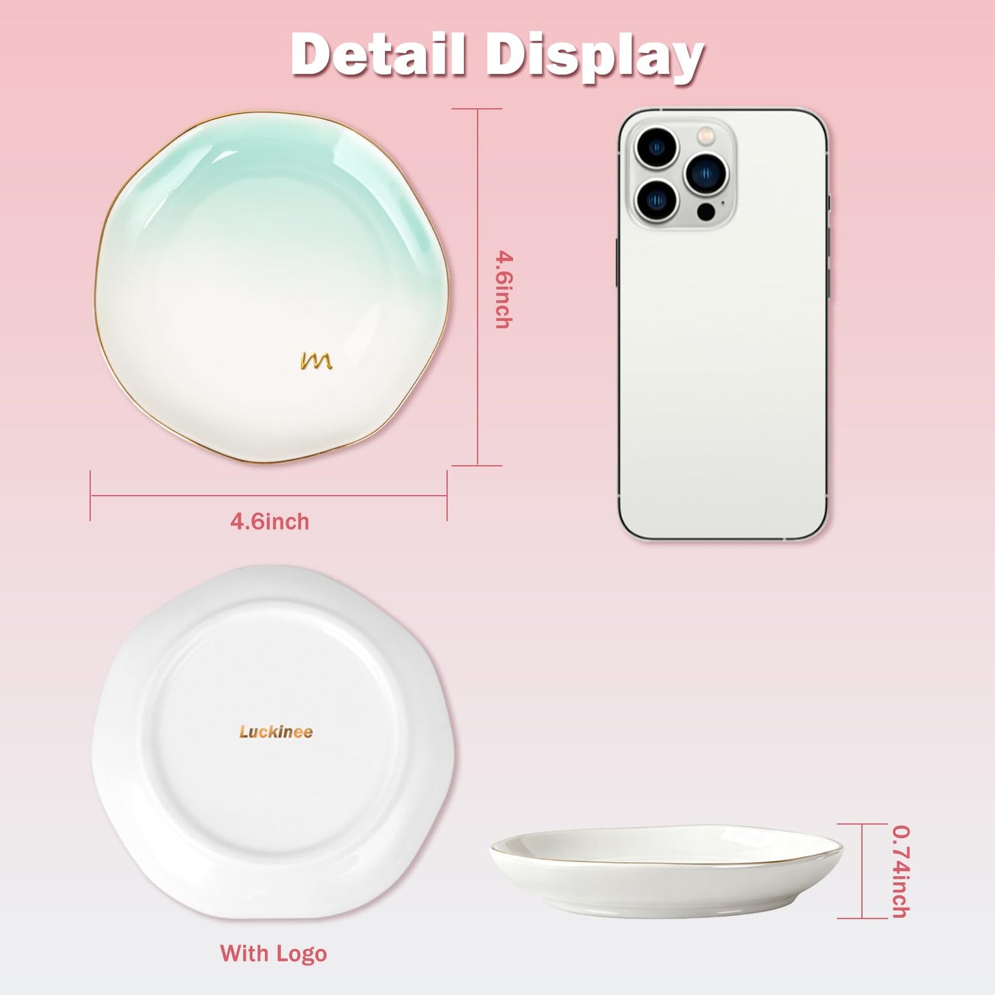 LUCKINEE - Ceramic Jewelry Tray Personalized Ring Dish Trinket Dish Gifts for Women,Birthday Gifts for Mom,Sisters and Friends, with 1pc Gold Puffy Letter Sticker A-Z and 1pc Greeting Card
