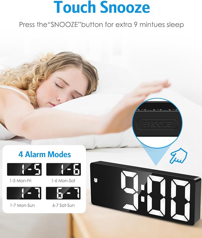 AMIR Digital Alarm Clock, LED Clock for Bedroom, Electronic Desk Clock with Type-C Port Adjustable Brightness DST Snooze 12/24H Display for Home Office