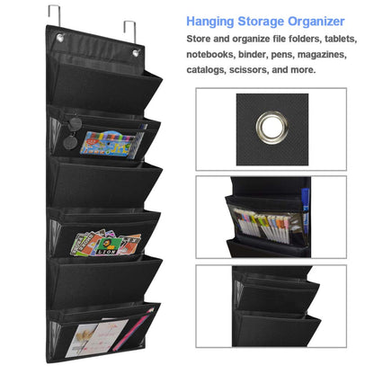 Eamay Hanging File Organizer Wall Mount Storage Pocket Chart, Over The Door Office Supplies Pocket Chart for Classroom, School, Home Use - 2 Over Door Hanger Included (Black)