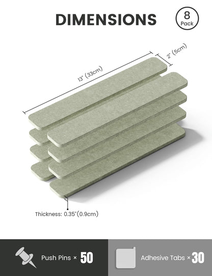 Fluxynara Cork Board Alternative Felt Strip Board 8-Pack 13"x2", Office Pin Board with 50 Push Pins, Adhesive Install for Bedroom Door & Home Office (Sage)