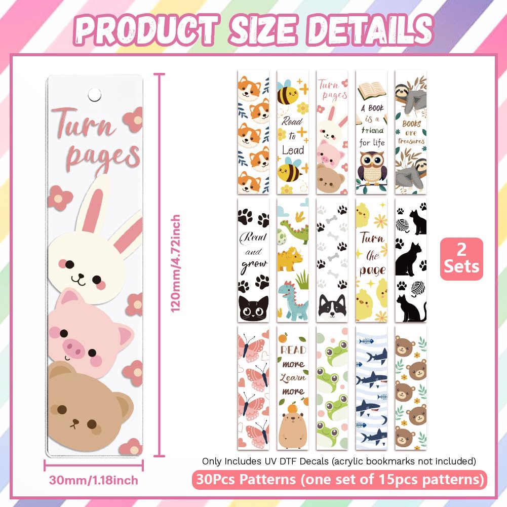 Peacoblue 30pcs UV DTF Bookmarks Transfer Stickers Wraps Cute Animals and Cartoons for Women Men Reading, Waterproof Bookmarkers Decal(No Blank Bookmarks) for Acrylic Plastic Metal Blank Bookmark