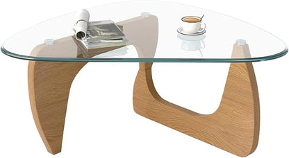 Modern Glass Coffee Table, Triangle Center Table with Tempered Glass Top& Unique Wooden Base, 35.5” Mid Century Tea Tables for Living Room, Apartment, Office,Wood &Transparent
