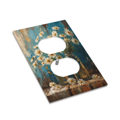 Delicate White Daisy Jars Retro Wood Background Outlet Covers 1 Gang Duplex Light Switch Cover Decorative Switch Plates Electrical Receptacle Faceplate Wall Plate for Farmhouse Home Decor