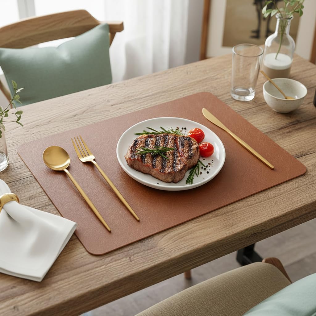 SHACOS Faux Cowhide Leather Placemats Set of 6, Wipeable Water Heat Resistant Place Mats, Stain Resistant Table Mats for Dining Table Kitchen Decor, Brown Blue