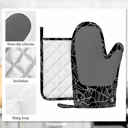 Mxocom Black and White Halloween Spider Web Oven Mitts and Pot Holders Sets Silicone Heat Resistant Kitchen Oven Gloves Pot Holder for Cooking