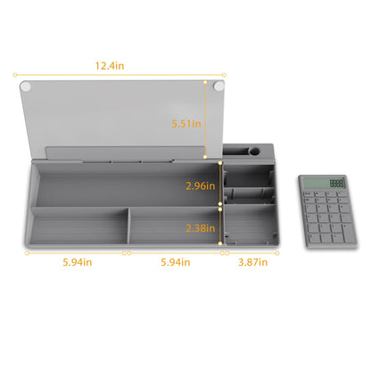 TOWON Desktop Glass Whiteboard with Basic Calculator, 12 Digit LCD Display, Desk Organizers with Accessories for Office, Home, School Supplies, Storage with Dry Erase Board Surface, Gray, 18'' x 6''