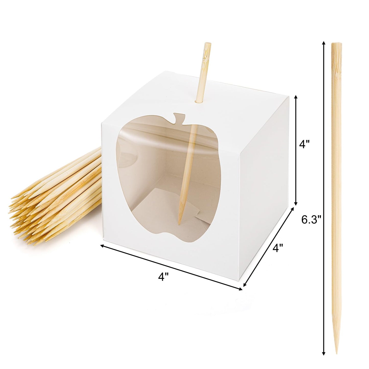 ZEAYEA 50 Pack 4"x 4"x 4" Candy Apple Boxes with Window and Sticks, Food Grade Caramel Apple Gift Boxes with Hole, Carboard Treat Favor Packaging for Halloween, Thanksgiving, Wedding, Party