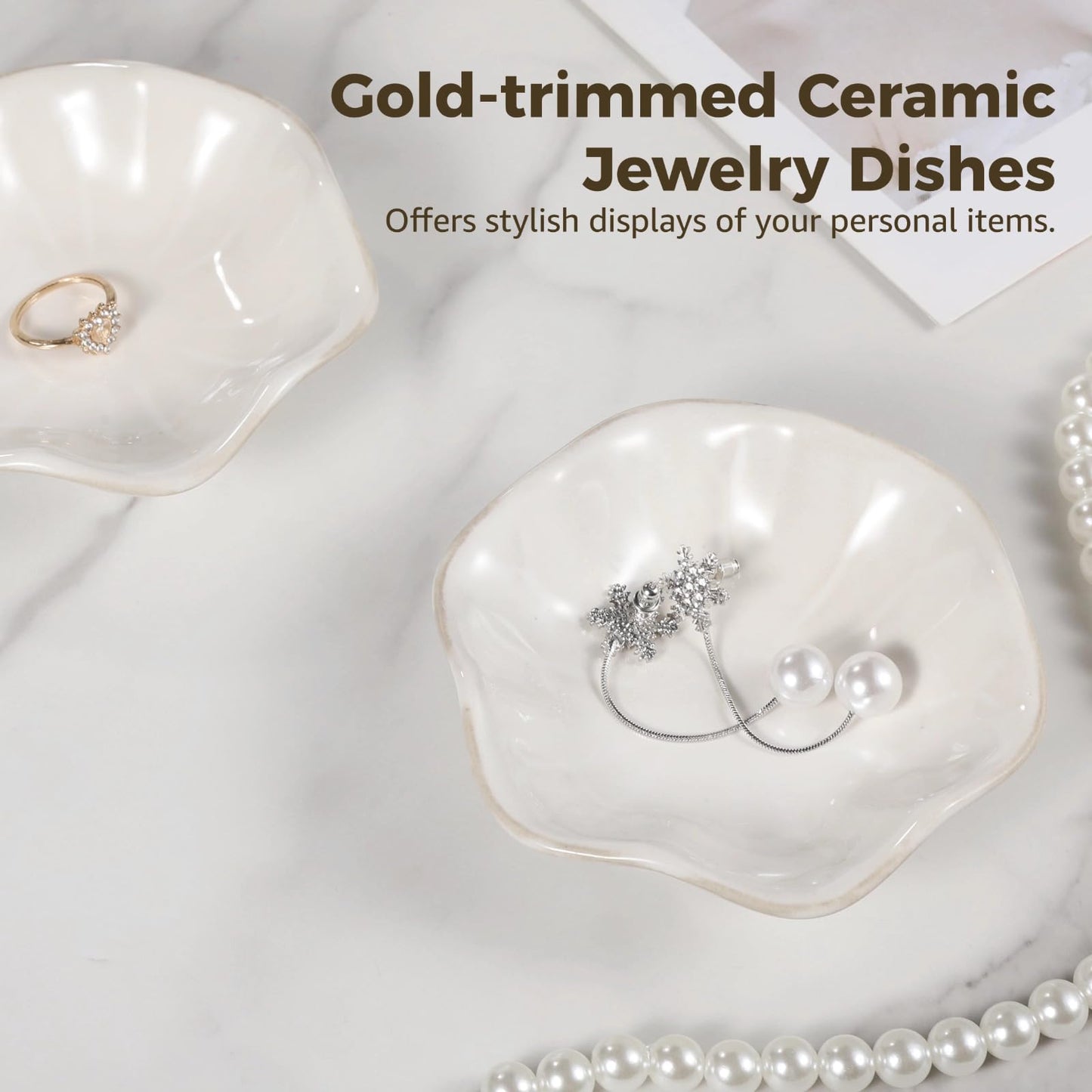 Toyosport 6 Pcs Ceramic Jewelry Dishes, Lotus Leaf Ring Dishes, Small Trinket Trays, White Pottery Plates, Gold-Trimmed Jewelry Holders, Cute Key Bowls for Nightstand Decor