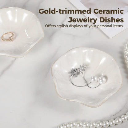 Toyosport 6 Pcs Ceramic Jewelry Dishes, Lotus Leaf Ring Dishes, Small Trinket Trays, White Pottery Plates, Gold-Trimmed Jewelry Holders, Cute Key Bowls for Nightstand Decor