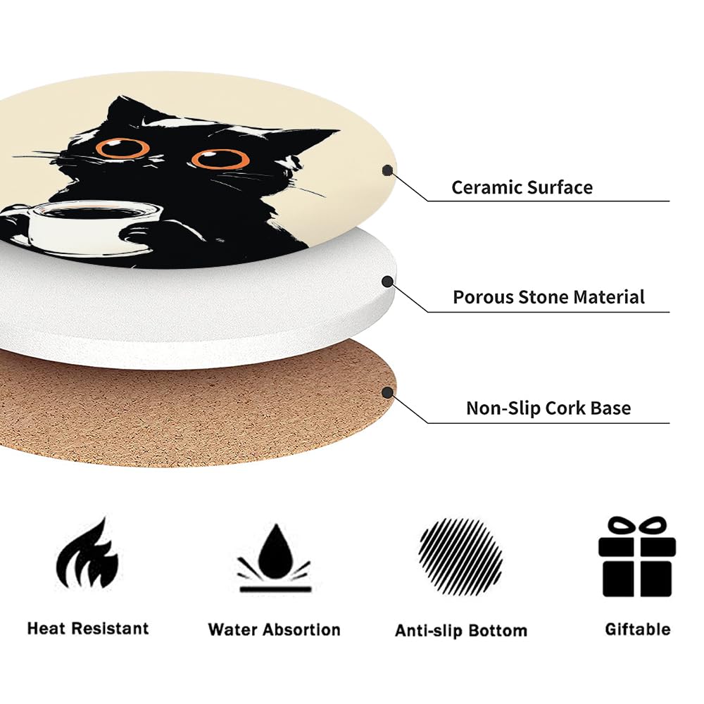 Aowced Drink Absorbent Coasters with Holder Set of 6, Ceramic Stone with Cork Base, Cute Black Cat Design Coaster for Drinks, Gift for Housewarming Room Bar Home Decor Kitchen