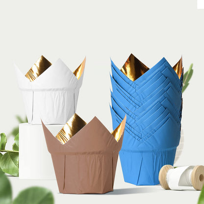 Party Hippo Gold Tulip Cupcake Liners, 100 Count Baking Paper Cups, Greaseproof Cupcake Wrappers for Muffins, Cupcakes, Wedding, Birthday, Baby Shower