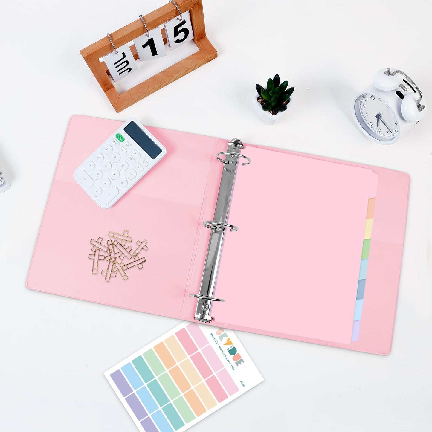 SKYDUE 1 Inch 3 Ring Binder with 8 Tab Dividers & 24 Labels, Pastel Binder Organizer for Letter Size Paper, Aesthetic School Binder for Notes, Documents, Office & Home Organization, Pink