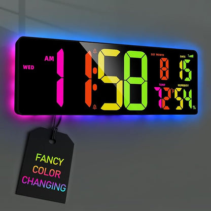 TXL 17.2'' Bluetooth Large Digital Wall Clock, LED Large Display Timer with RGB Ambient Lights,Temperature/Humidity, Remote Control, Adjustable Brightness for Home, Office, Classroom